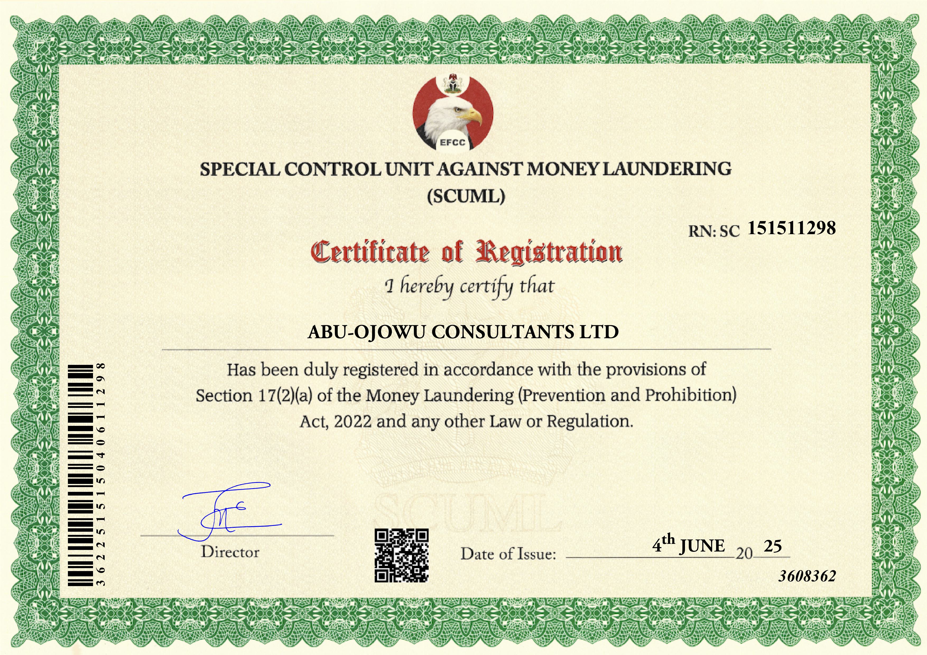 SCUML Certificate